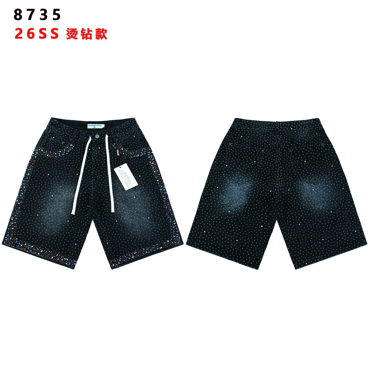 VALLEY Rhinestone Splatter Washed Denim Shorts